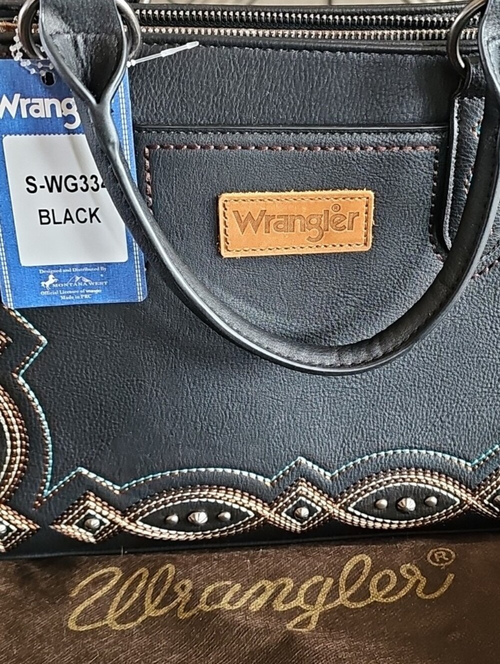 Wrangler Black Satchel with Bronze Embroidery and Stud Accents